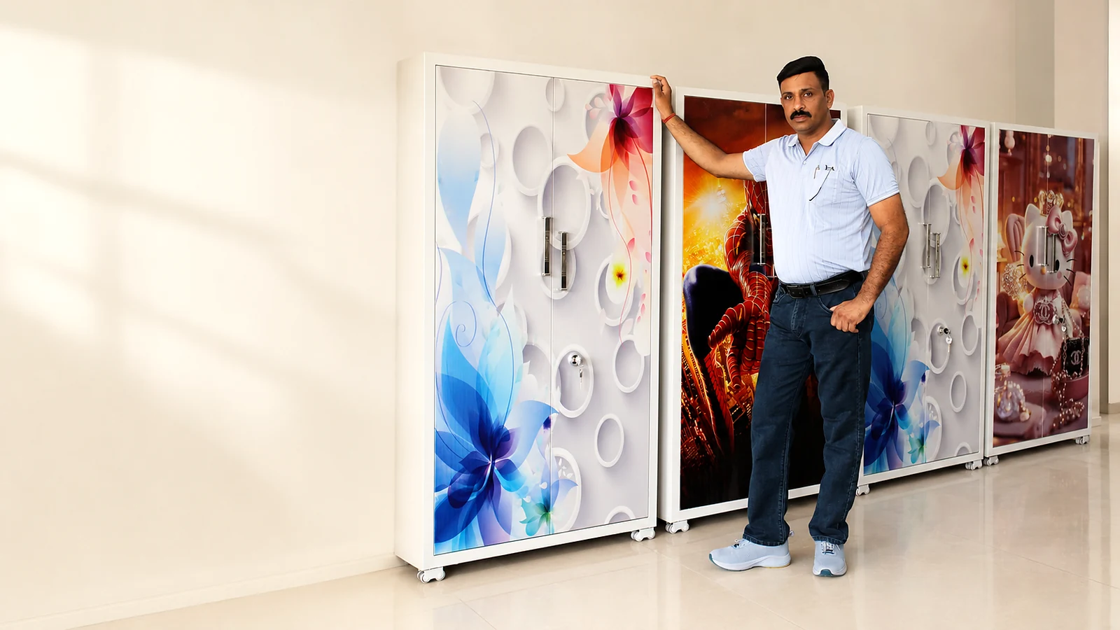 Jesan Steel Works owner standing with the SANKALP steel furniture collection