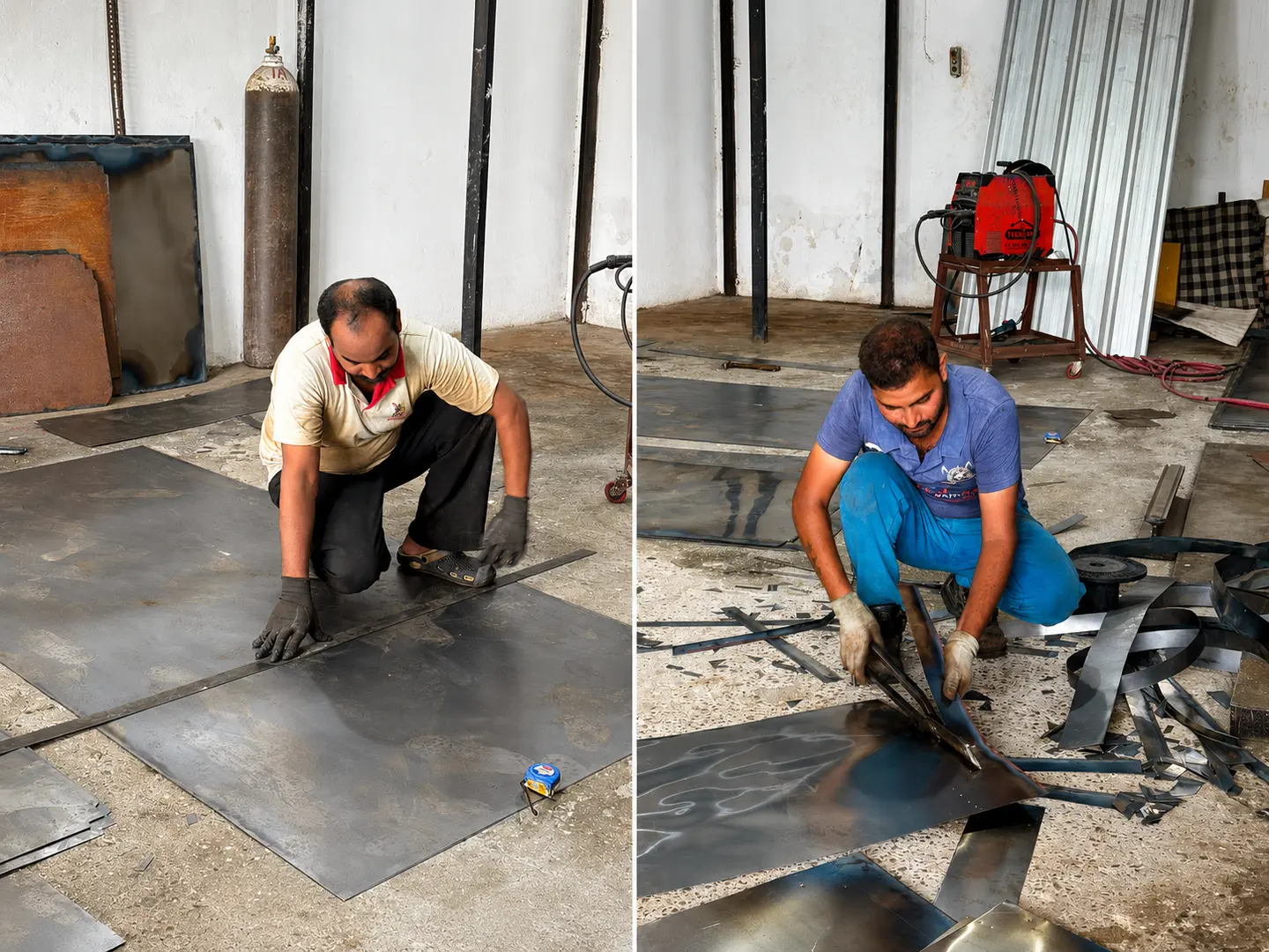 Workers measuring and preparing raw sheet metal for furniture manufacturing